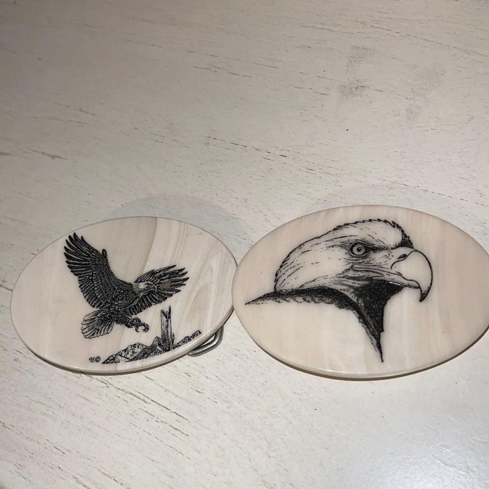 2 Vintage Scrimshaw Eagle belt buckles resin